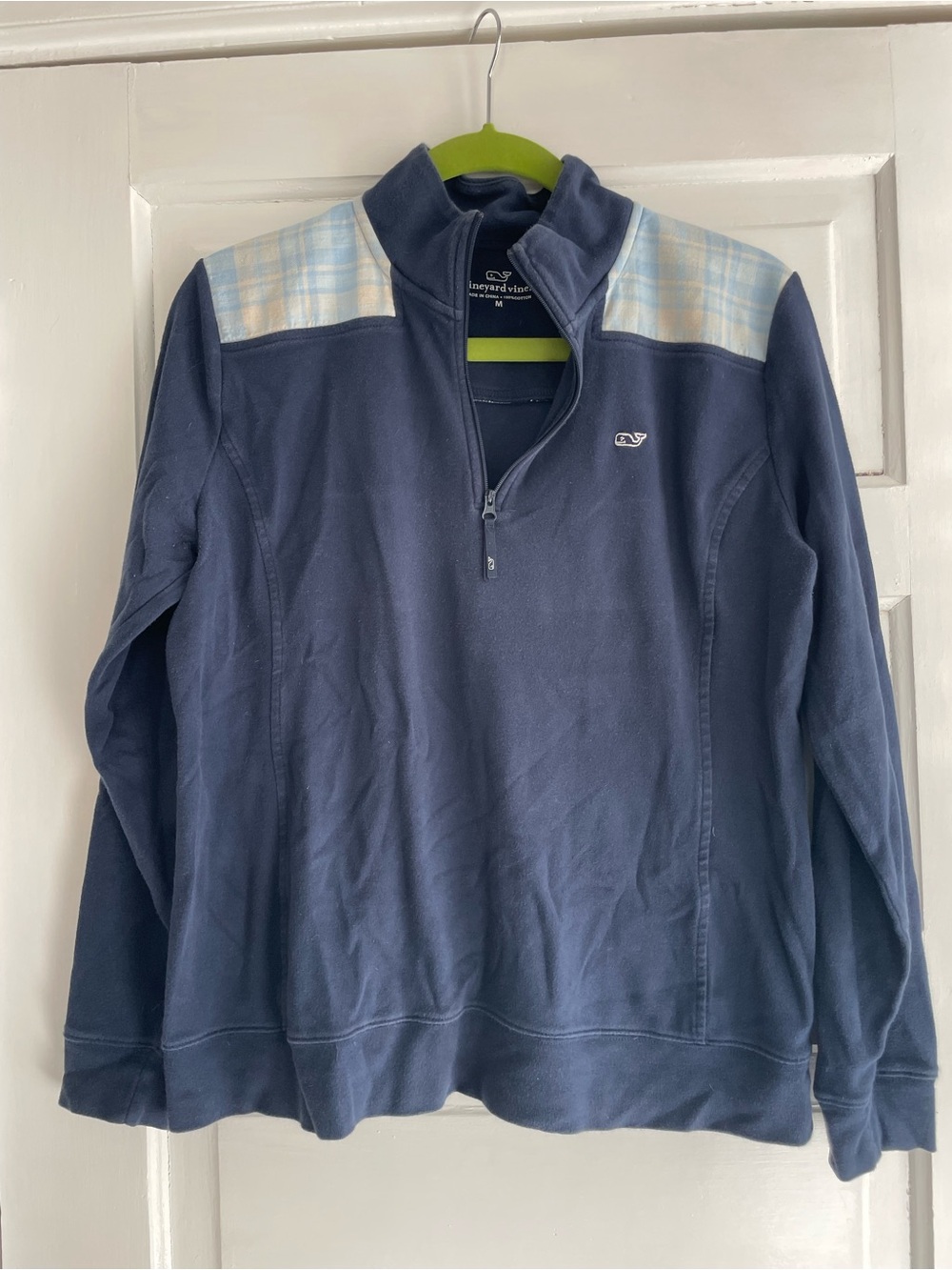 Vineyard Vines Shep Shirt Women's Med. Navy Blue Plaid 1/4 Zip Pullover